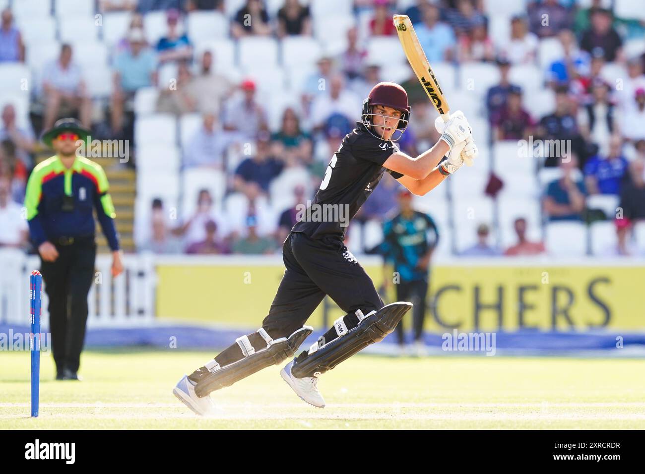 Taunton, Großbritannien, 9. August 2024. Archie Vaughan von Somerset schlug während des Metro Bank One-Day Cup-Spiels zwischen Somerset und Worcestershire. Quelle: Robbie Stephenson/Somerset Cricket/Alamy Live News Stockfoto