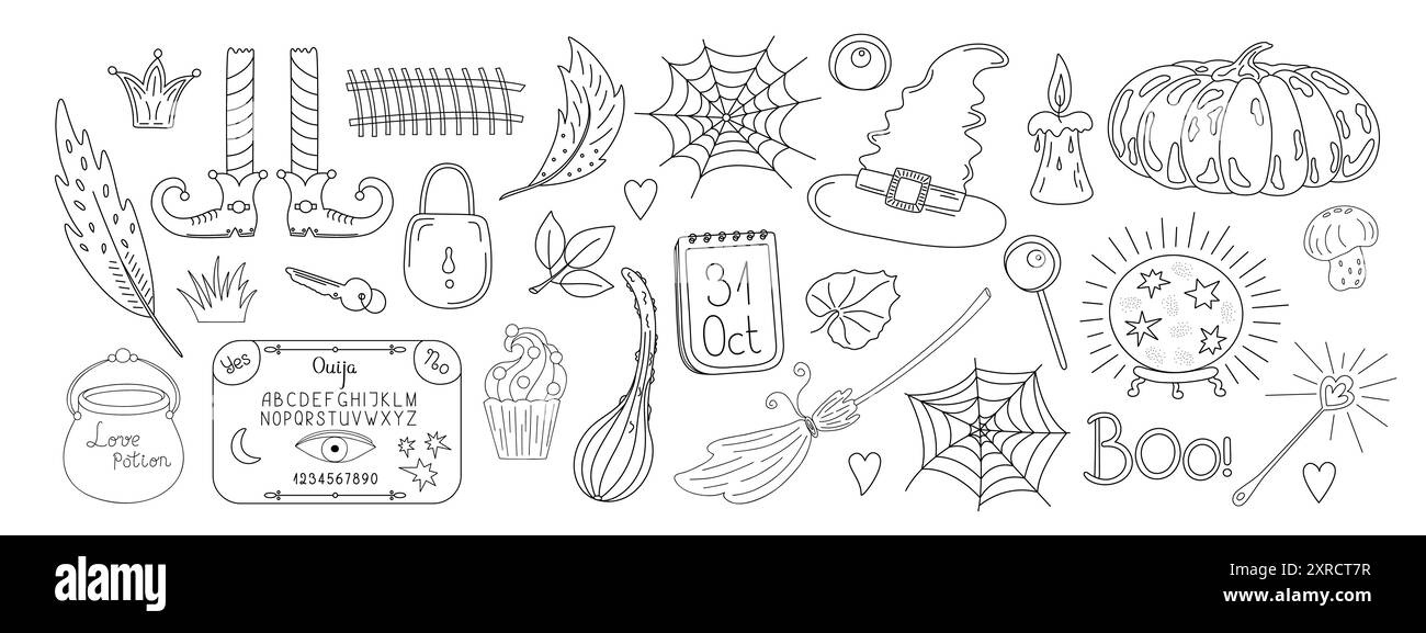 Halloween Element Set, Doodle Herbst Feiertagsfeier Dekor, niedliche gruselige einfache Illustration, trendige Feiertagssymbole Hexenhut, Strumpf, Feder, Buh, Pilz, lutscher, Ouija, Spinnennetz, Kürbis Stock Vektor