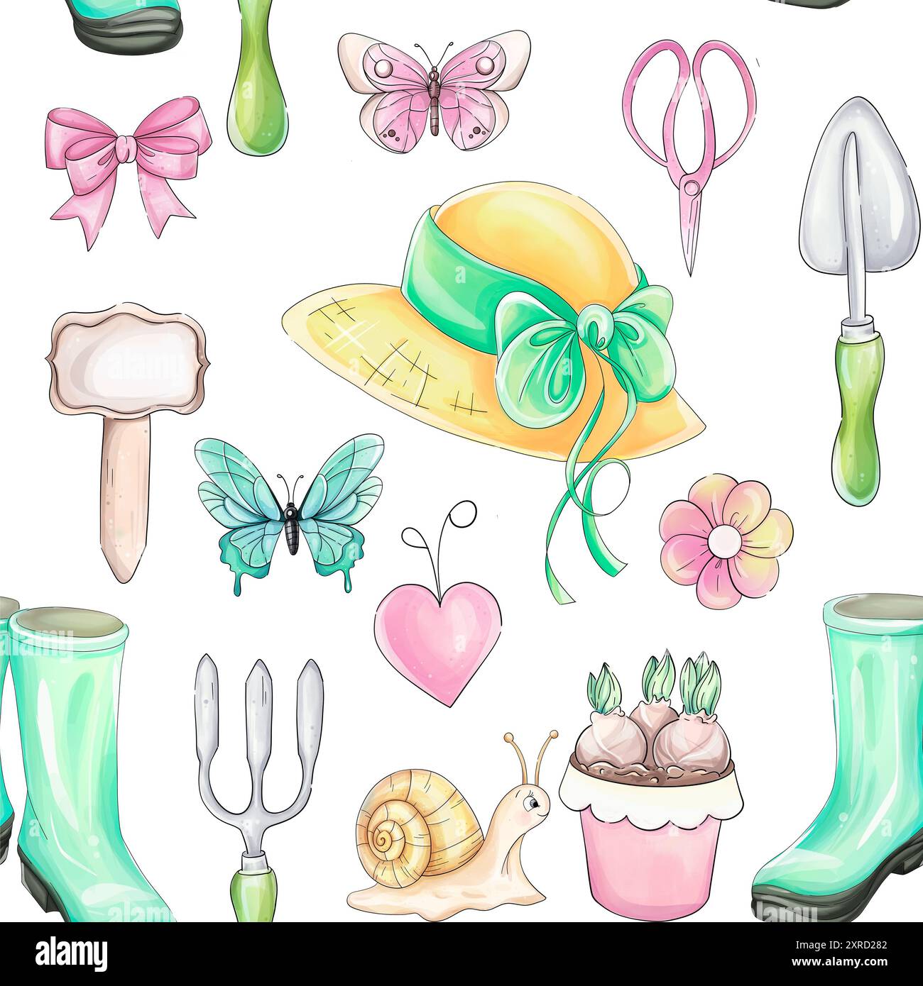 Romantische Gartenwerkzeuge mit nahtlosem Muster, Gartentöpfe mit Blumen und Brunch. Handgezeichnetes Inventar für Gärtner. Frühlingsschmuck für Stockfoto