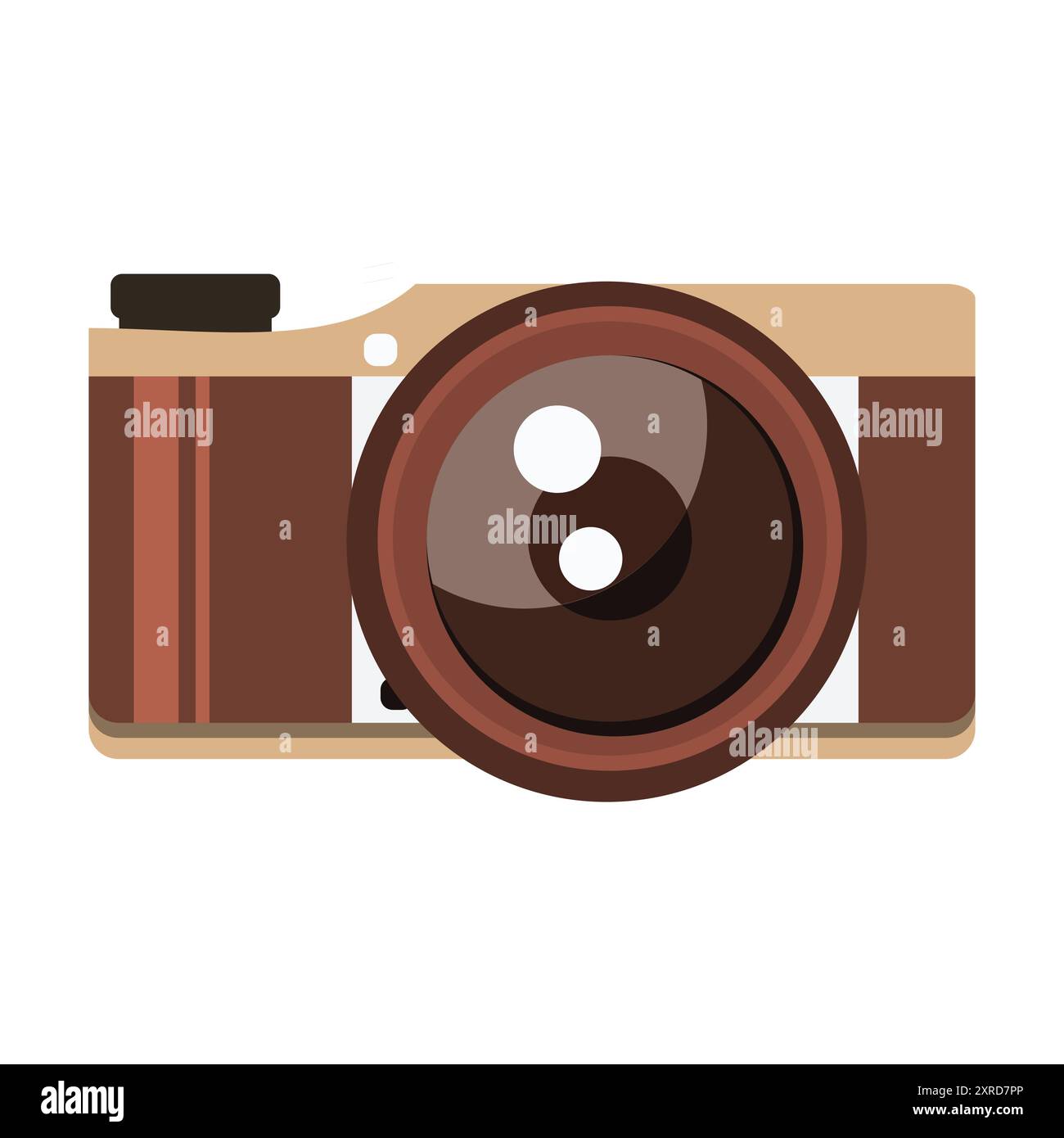 Die Illustration der Vintage-Kamera zeigt ein markantes Objektiv und einen Sucher, die in Brauntönen gehalten sind, um die klassische Nostalgie der Fotografie zu wecken. Perfekt für Stock Vektor