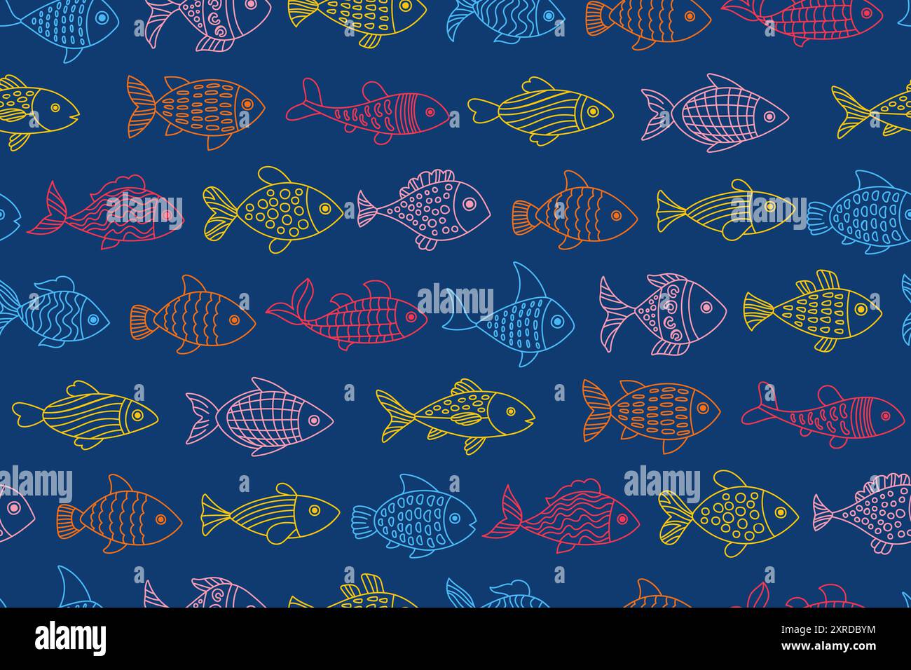 Unterwassertapete, nahtloses Muster mit Doodle-Fischen. Cartoon lineare Meeresfische und Algen Korallen grenzenloser Hintergrund. Kindliches, schlichtes, endloses Design für die Schablone für Textilverpackungen Stock Vektor