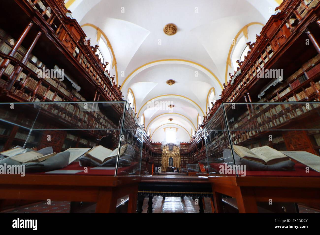 Allgemeine Ansicht der Palafoxiana-Bibliothek, die sich im Herzen des historischen Zentrums der Stadt Puebla befindet und 1646 von Bischof Juan de Palafox y Mendoza gegründet wurde, gilt als die erste öffentliche Bibliothek in Amerika, ihre Sammlung, geschützt in Zedernregalen, ungefähr 45.000 Bücher. Am 9. August 2024 in Puebla, Mexiko. (Kreditbild: © Carlos Santiago/eyepix via ZUMA Press Wire) NUR REDAKTIONELLE VERWENDUNG! Nicht für kommerzielle ZWECKE! Stockfoto