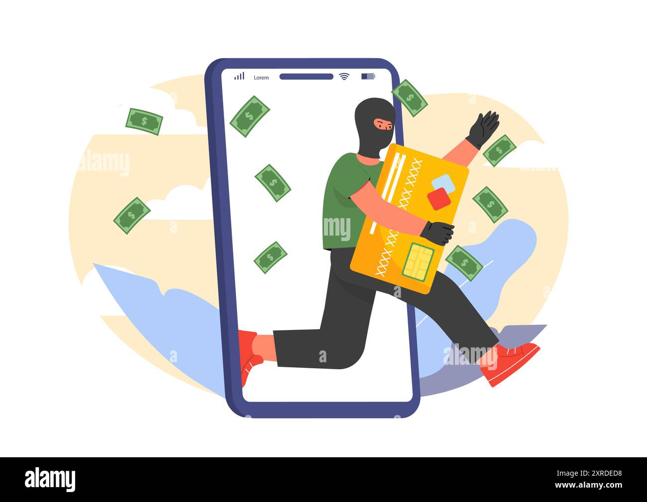 Einbrecher mit Bankkarte. Mann in schwarzer Maske mit Bankkarte in den Händen auf dem Smartphone-Bildschirm. Identitätsdiebstahl in Bankanwendungen, Cyberkriminalität. Flach Stock Vektor