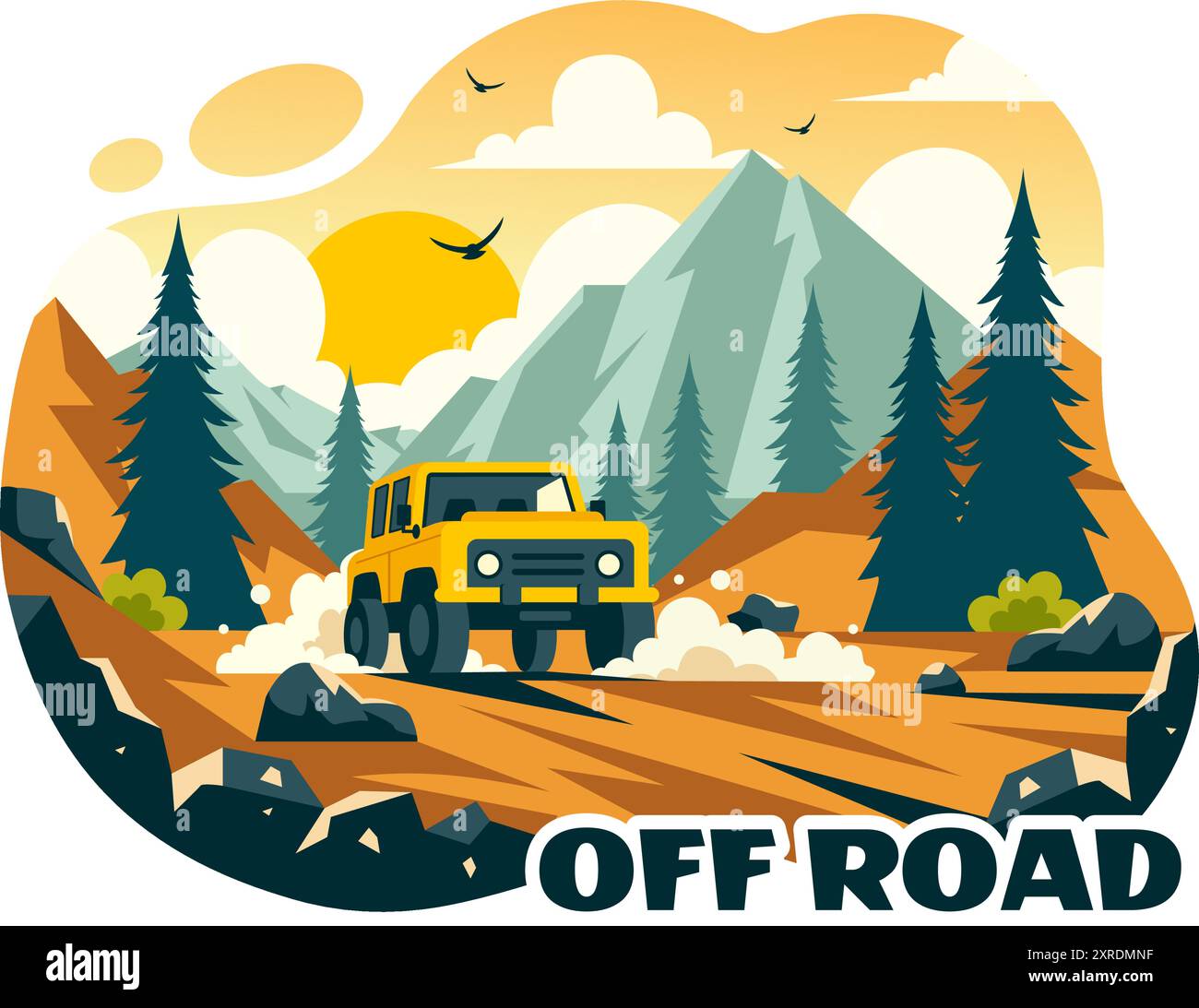 Off Road Vektor-Illustration eines Jeeps oder SUV, der felsiges Gelände, Flüsse und Sand in einem flachen extremen Sport Stil Cartoon Hintergrund durchquert Stock Vektor