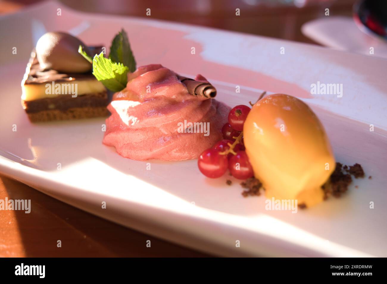 Ein Dessertteller mit einem Schokoladenkuchen, einer Erdbeersauce und einer Himbeersauce Stockfoto