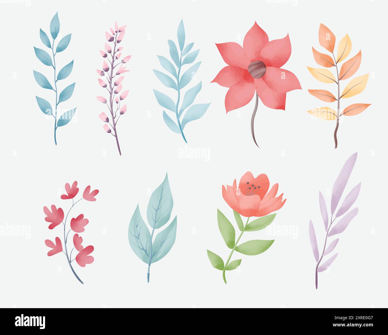 Aquarellblumen und Blätter. Set von Aquarellblumen und Zweigen. Naturelemente in Aquarellen Stock Vektor