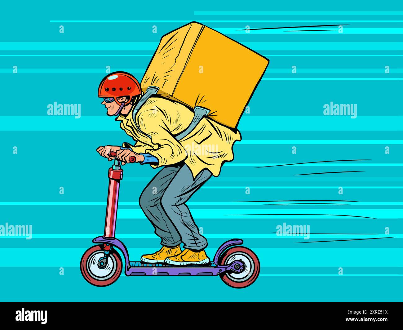 Männlicher Kurier auf einem Roller mit großem Gepäck. Schnelle und hochwertige Lieferung von Speisen rund um die Uhr. Arbeiten Sie in einem Restaurant oder Café. Pop Art Retro Vektor Illustra Stock Vektor