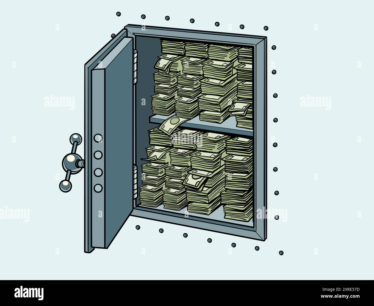 Im Metallsafe sind viele Banknoten. Sicherheit von Finanzinvestitionen und deren Verlust. Vorteilhafte Bankangebote für Kunden und deren Kunden Stock Vektor
