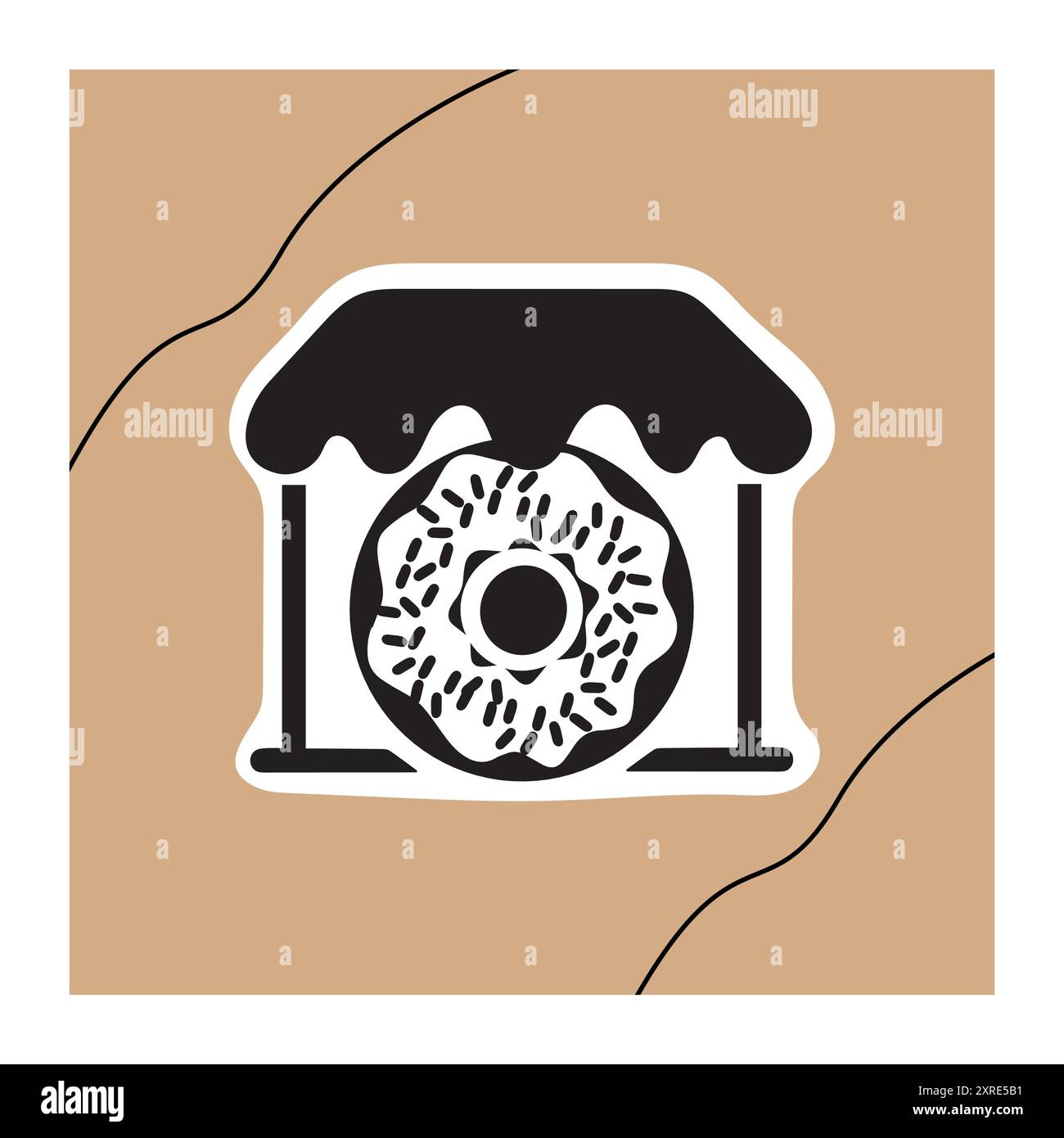 House Donut-Logo. Ein minimalistisches Logo eines Donuts in einer Ladenfront, perfekt für Bäckereien, Donut-Shops oder Dessertmarken. Das Schwarzweiß Stock Vektor