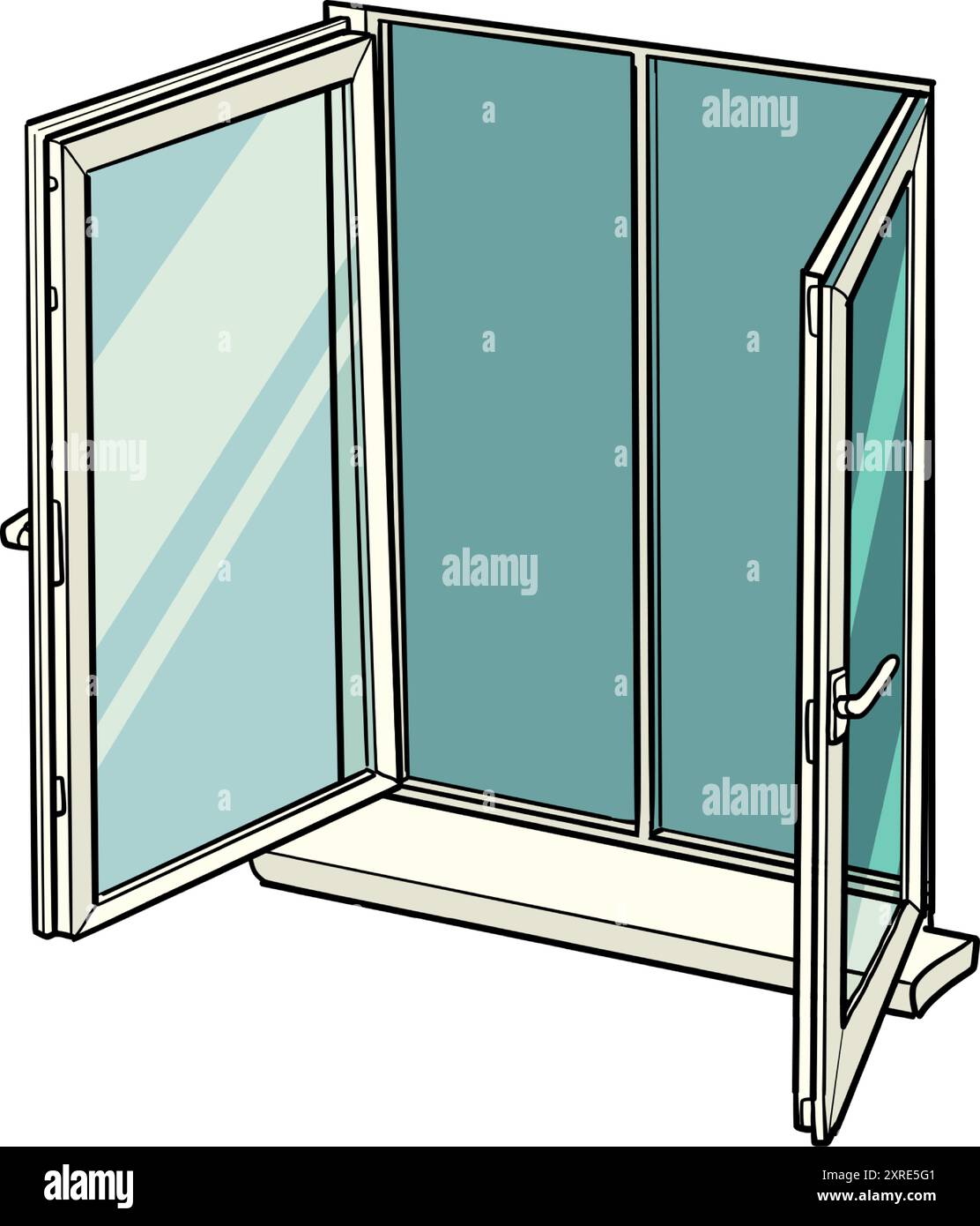 Doppelfenster öffnen. Arbeiten mit minimalistischer Innenausstattung und Renovierung der Apartments. Ein freies Fenster Ihrer potenziellen Kunden. Pop Art Retro Vektor Illustration Ki Stock Vektor