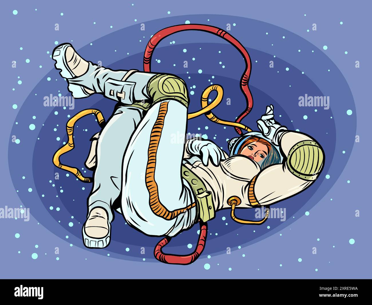 Weibliche Astronautin posiert im Weltraum, während sie sich hinlegt. Modische, stilvolle Bekleidungslösungen für die Zukunft. Kosmonautik-Tag und Entdeckung in den Sternen. Pop-Ar Stock Vektor