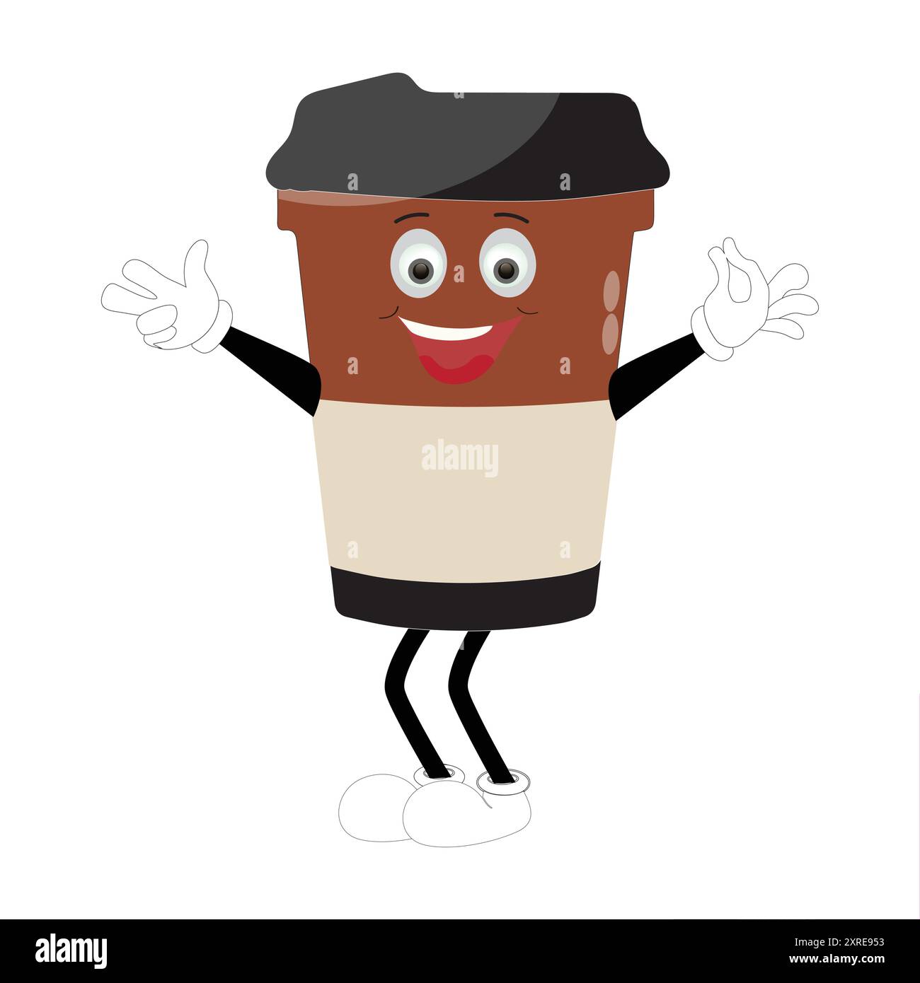 Smiling Coffee Cup Mascot Logo, Ein lustiges Maskottchen-Logo einer Smiling Coffee Tasse mit Dampf, ideal für Cafés und Cafés, die eine freundliche Person suchen Stock Vektor