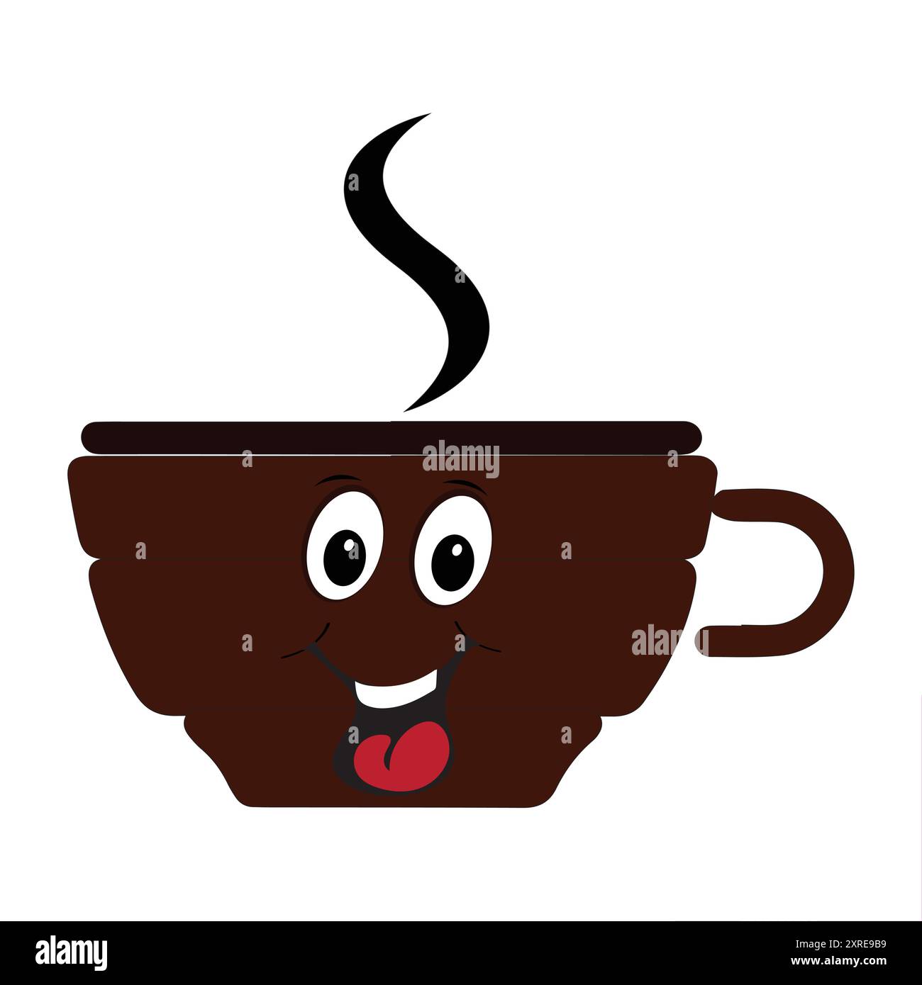 Smiling Coffee Cup Mascot Logo, Ein lustiges Maskottchen-Logo einer Smiling Coffee Tasse mit Dampf, ideal für Cafés und Cafés, die eine freundliche Person suchen Stock Vektor