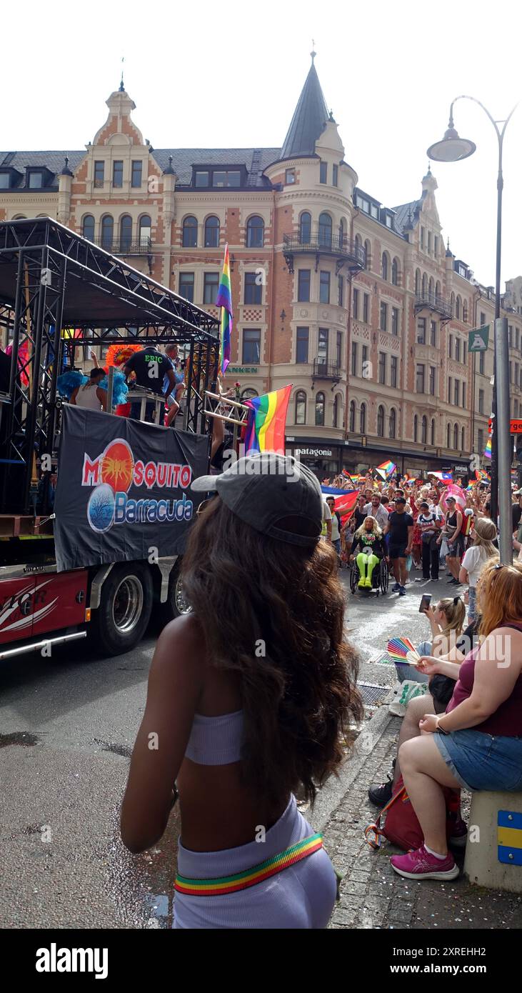 Stockholm, Schweden, 3. August 2024. Homosexueller-Stolz. Ein Blick auf die Parade im Stadtzentrum. Stockfoto