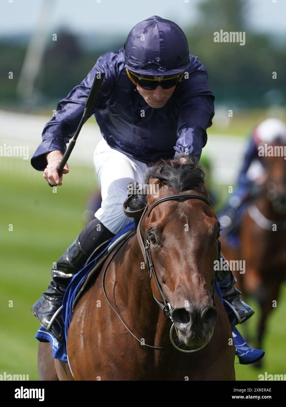 IDEs of March, die von Jockey Ryan Moore auf dem Weg zum Sieg beim Revamp Conservation and Restoration Irish EBF Maiden auf der Curragh Racecourse im County Kildare, Irland, geritten wurden. Bilddatum: Samstag, 10. August 2024. Stockfoto