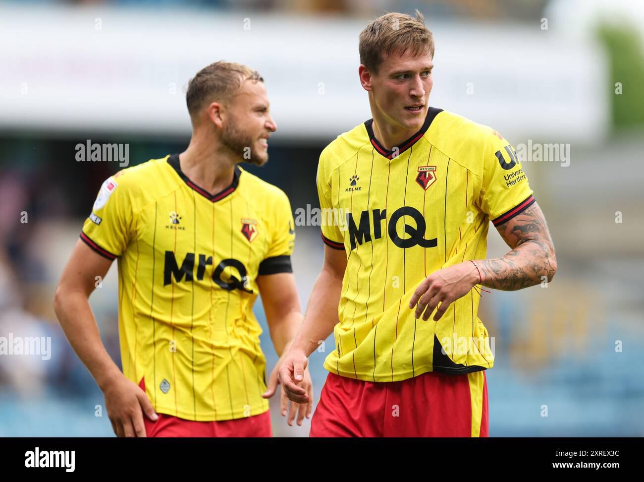 Watfords Mileta Rajovic (rechts) nach dem Sky Bet Championship-Spiel in den, London. Bilddatum: Samstag, 10. August 2024. Stockfoto