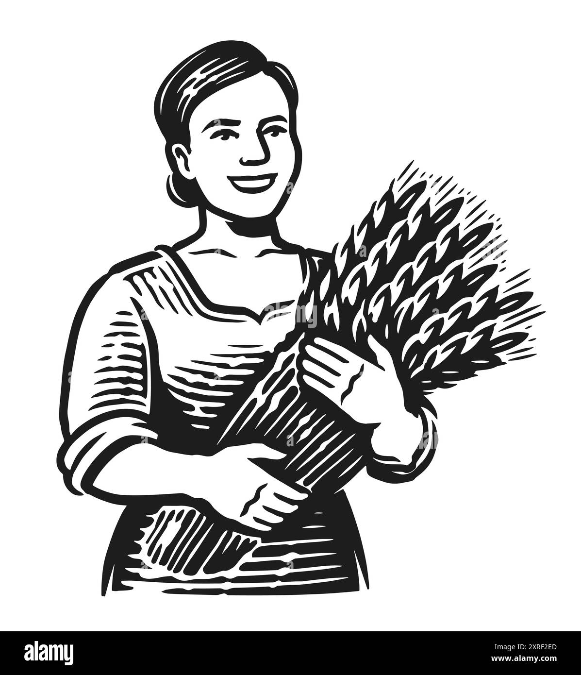 Junge Farmerin mit Weizenohren. Logo der landwirtschaftlichen Landwirtschaft. Brot Emblem Vektor Illustration Stock Vektor