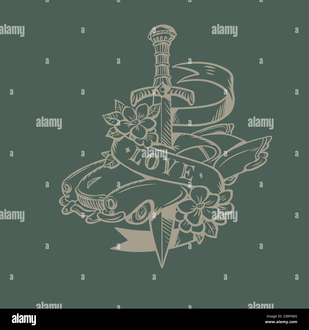 Ein Schwert durchbohrt ein Auto mit der Aufschrift Liebe. Ein renommierter Autohändler für Oldtimerfahrer. Stilvolle Präsentation Ihres Autovermieters Stock Vektor