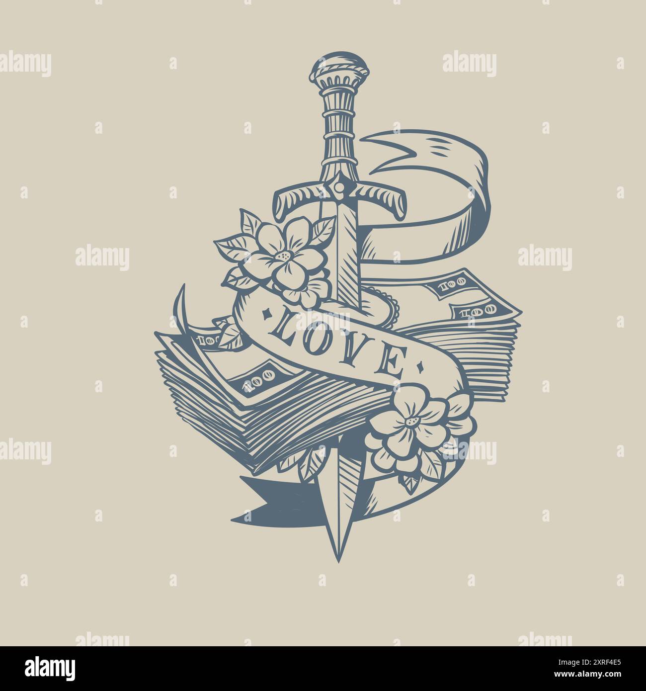 Das Schwert durchbohrt Geld mit der Inschrift Liebe. Das Problem der Finanzen für gute Beziehungen. Das Primat von Liebe und Gefühl über Mo Stock Vektor