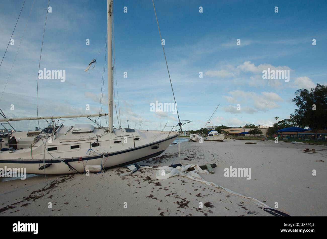 Strandsegelboote nach einem Sturm am Gulfport Beach Florida. Boote und Yachten wurden nach starkem Wind aus der Bucht von Boca Ciega eingespült. Am Frühen Morgen Sonne Stockfoto