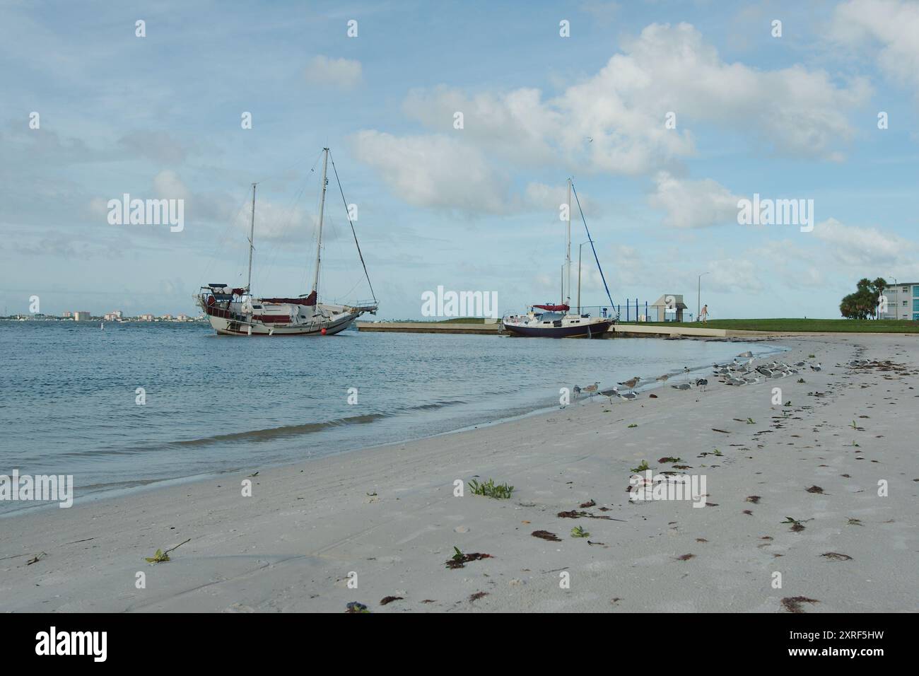 Strandsegelboote nach einem Sturm am Gulfport Beach Florida. Boote und Yachten wurden nach starkem Wind aus der Bucht von Boca Ciega eingespült. Am Frühen Morgen Sonne Stockfoto