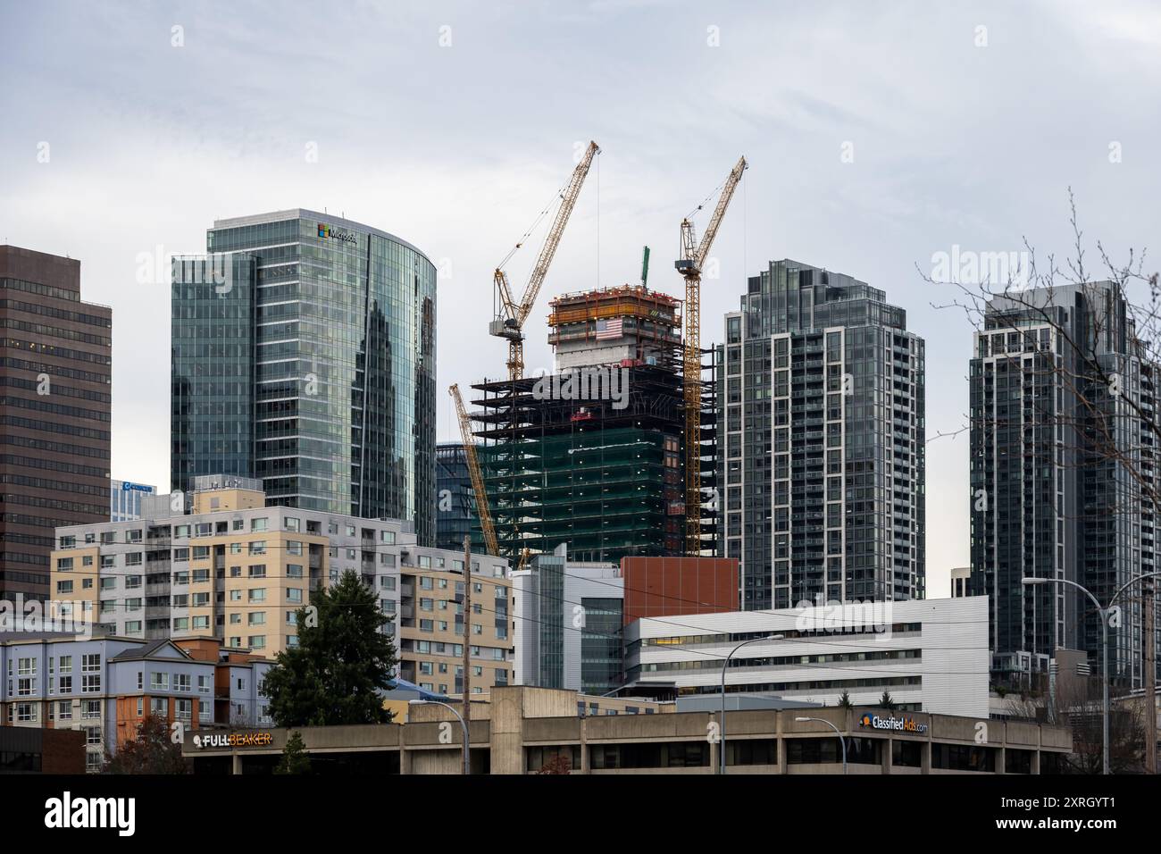BELLEVUE, WA – 29. Januar 2024: Blick auf die Skyline der Stadt mit Kränen und Neubauten an einem nassen Wintertag Stockfoto