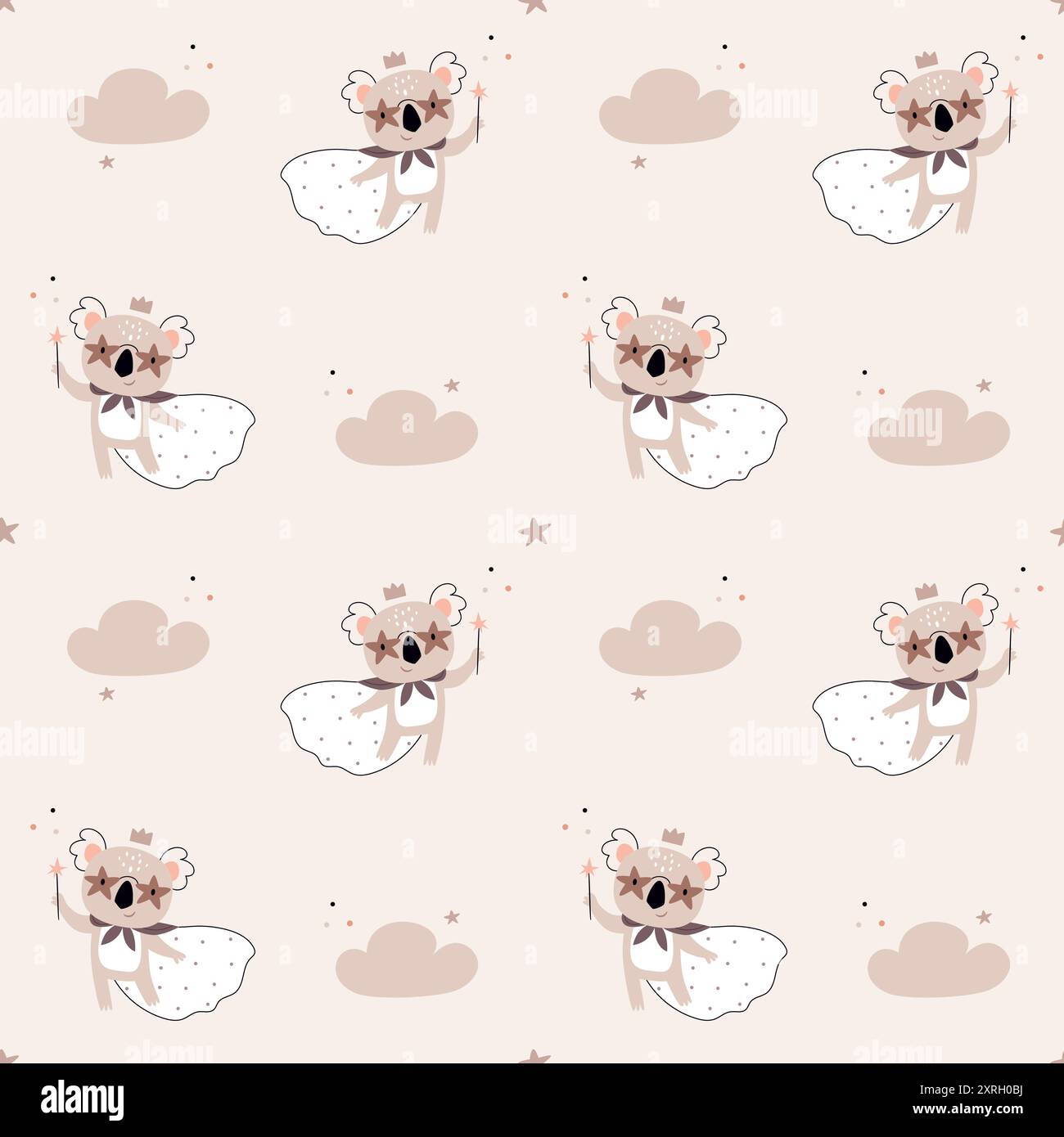 Niedliches Muster in skandinavischen, Boho, Minimalismus Koalas und Wolken. Tiere, ein charmanter Charakter. Einrichtung für das Kinderzimmer, Babydusche, Textilien Stock Vektor