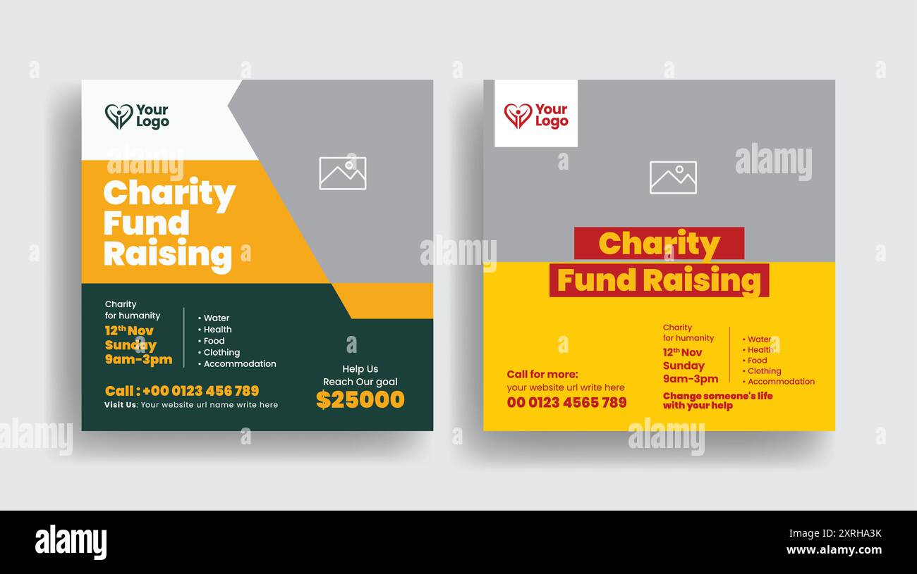Spendenaktionen für gemeinnützige Zwecke in sozialen Medien, Werbebanner oder quadratisches Flyer-Design Stock Vektor