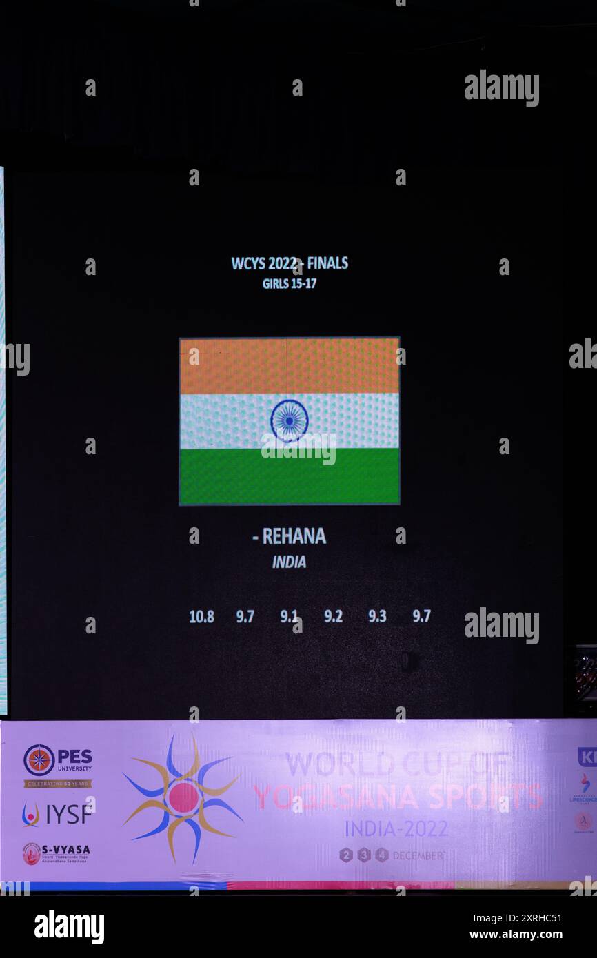 Scorecard der indischen Athletin Rehana bei der Weltmeisterschaft der Yogasana Sports 2022 Finals Mädchen 15-17 Jahre Stockfoto