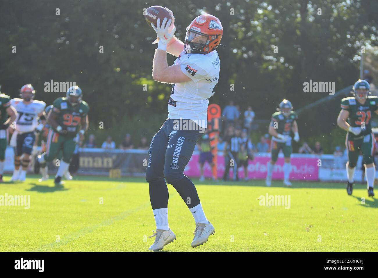 . Von Michael Mayer (3, WR, ifm Razorbacks Ravensburg). GER, ifm Ravensburg Razorbacks vs Kiel Baltic Hurricanes, American Football, GFL, Saison 2024, Woche 14, 10.08.2024, Eibner-Pressefoto/Florian Wolf Stockfoto