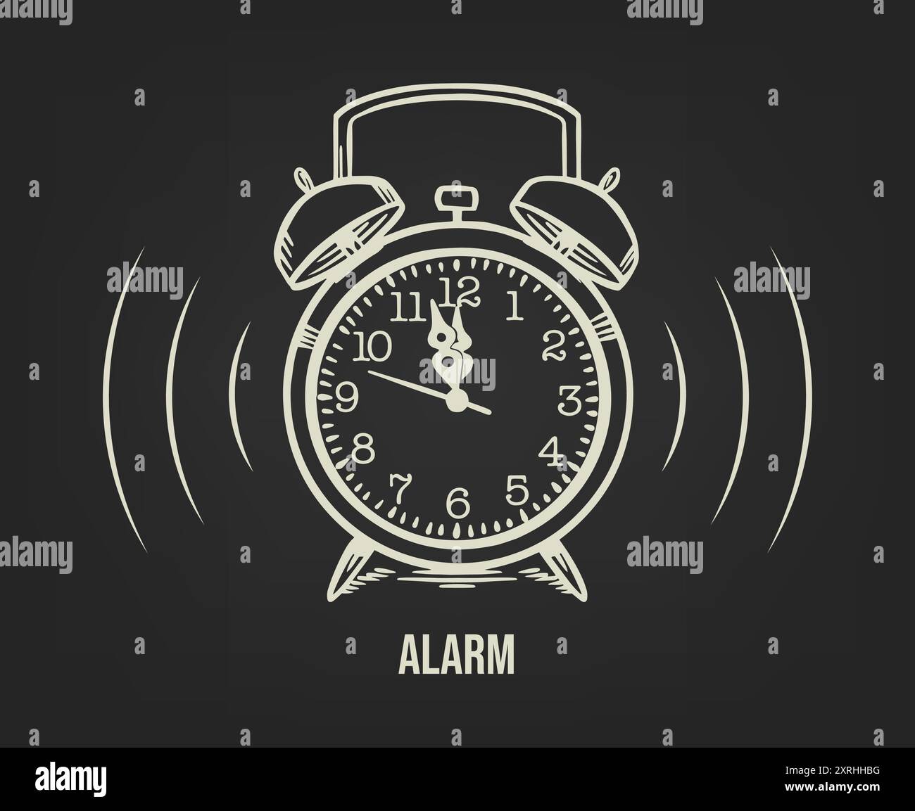 Skizze eines Weckers mit Glocken. Zurück in die Schule, morgens aufstehen. Logo mit Tinte. Dunkler Hintergrund. Vektor Stock Vektor