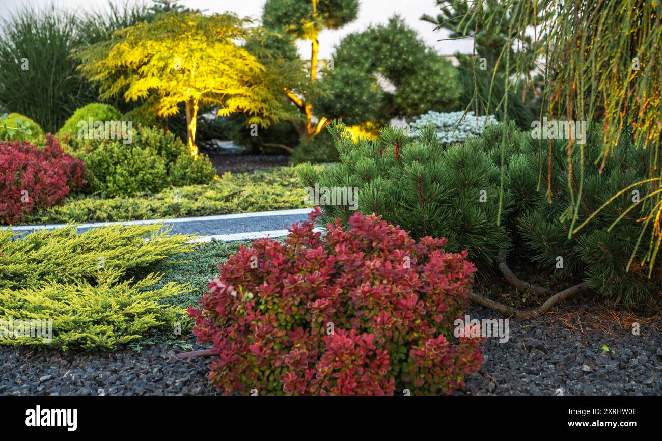 Ein wunderschön gestalteter Garten zeigt eine Vielzahl von Pflanzen, darunter lebendige Blumen und Grün, beleuchtet durch sanfte Beleuchtung am Abend. Stockfoto