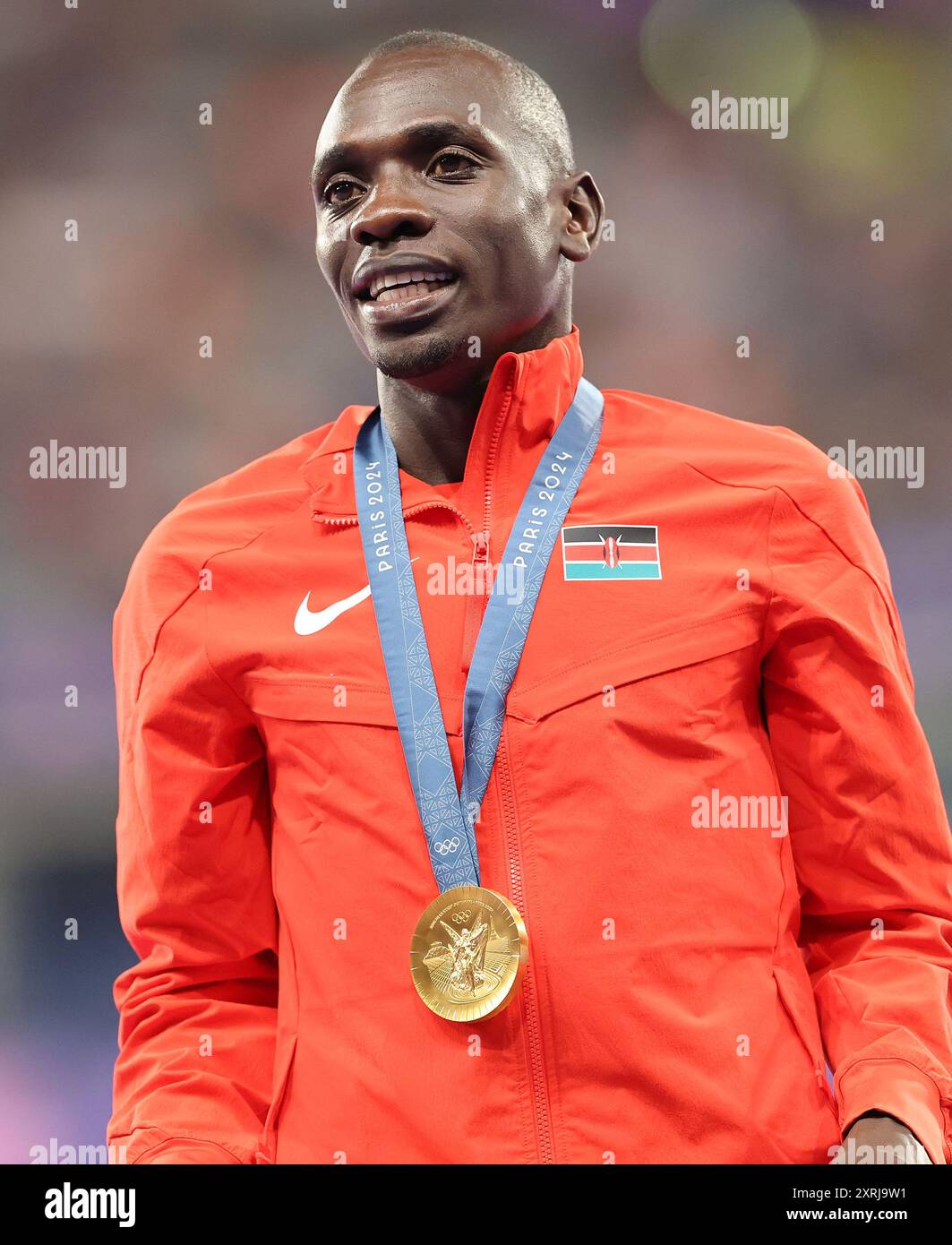 Paris, Frankreich. August 2024. Der kenianische Goldmedaillengewinner Emmanuel Wanyonyi reagiert auf die Siegerehrung der 800-Meter-Athletik der Männer bei den Olympischen Spielen 2024 in Paris, Frankreich, 10. August 2024. Quelle: Li Gang/Xinhua/Alamy Live News Stockfoto