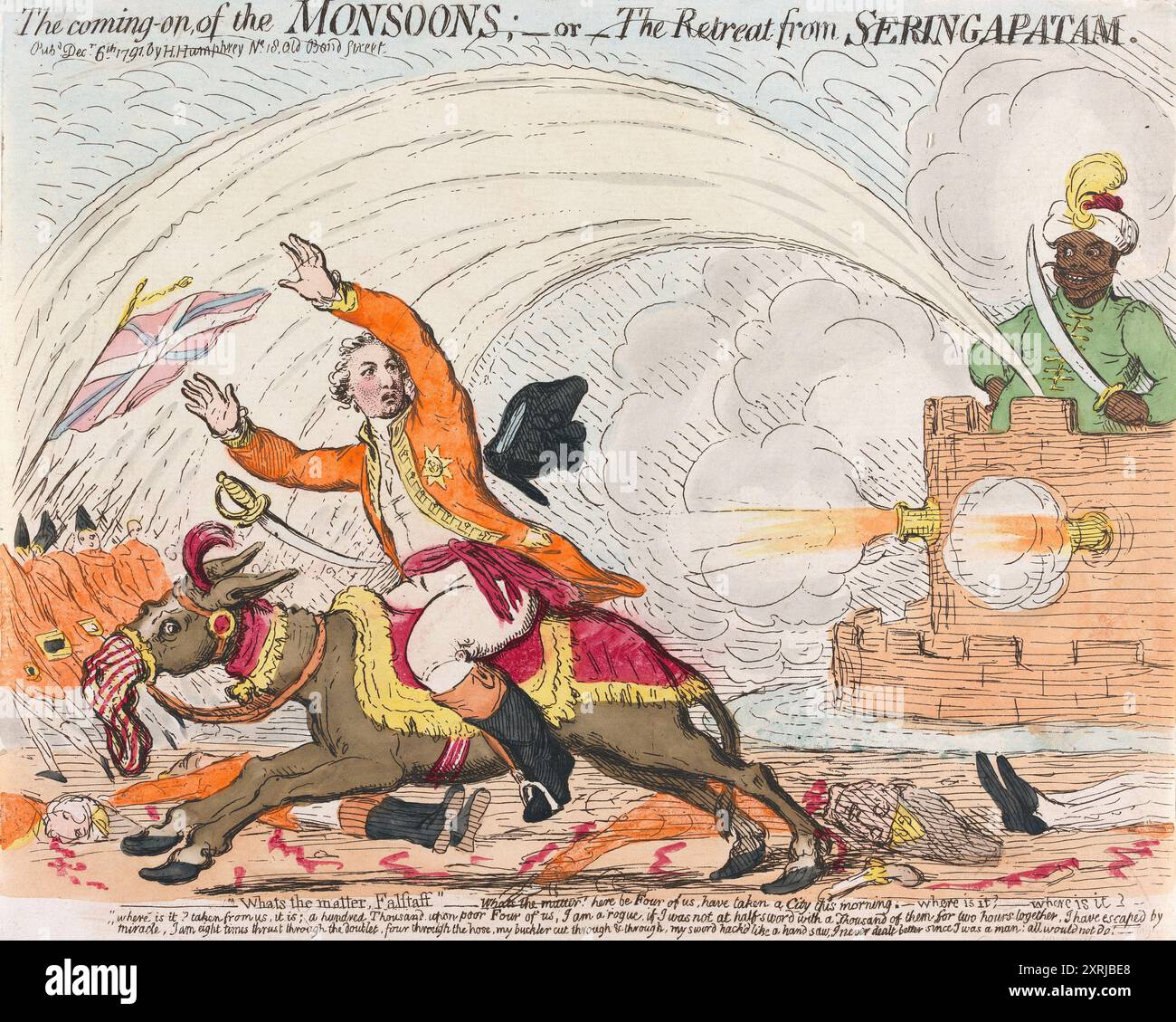 Eine lustige humorvolle, farbige Gravur mit Cartoondruck, die das Kommen der Monsune zeigt, eine Aquarellätzung auf Papier menschliche Karikaturen aus der georgischen Ära des 18. Jahrhunderts, geschaffen von James Gillray, antiken Vintage-Kunstwerken Stockfoto