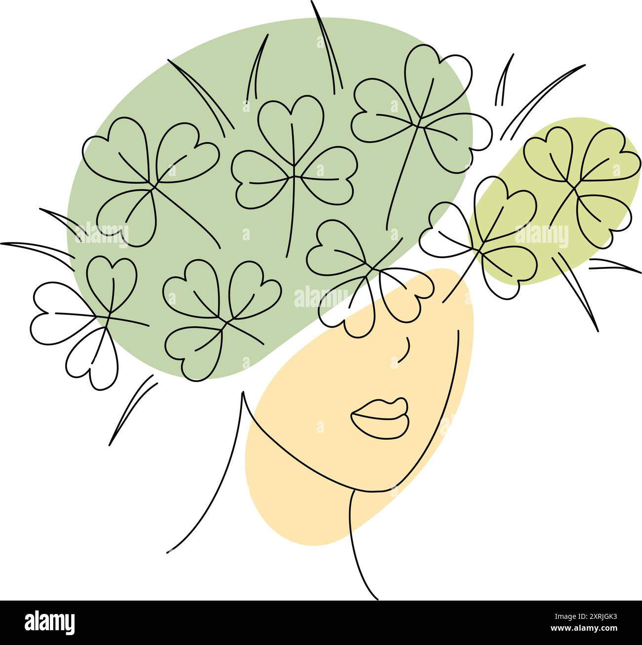 Mädchen mit Schamrock auf dem Kopf als Frisur und Flecken in irischen Flaggenfarben. St. Patrick Day Gruß Design Konzept isoliert auf weiß. Karten, Poster, Banner, Broschüre oder Web, Vektor-Illustration Stock Vektor