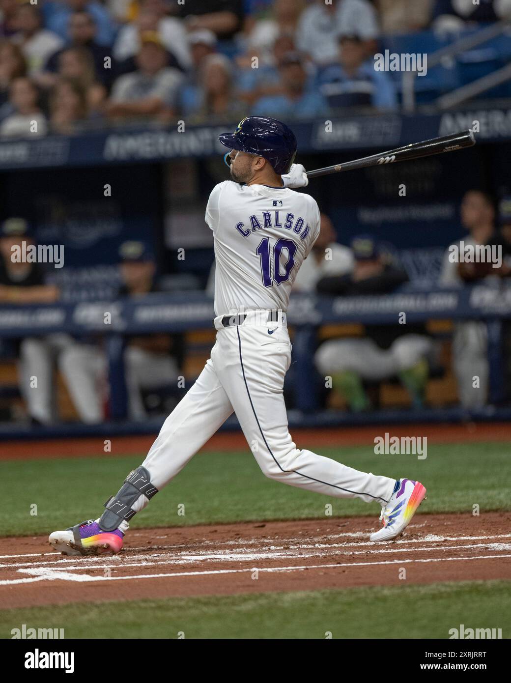 St. Petersburg, FL: Der Tampa Bay Rays-Outfield Dylan Carlson (10) foult am 9. August 2024 während eines MLB-Spiels gegen die Baltimore Orioles Stockfoto