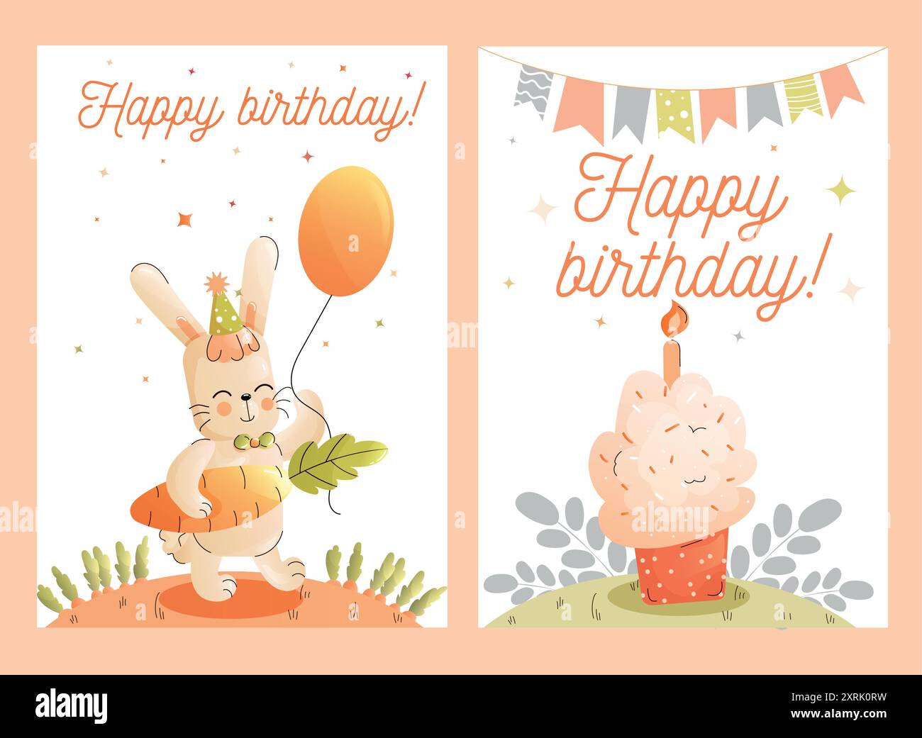 Niedliche Grußkarte für Kinder. Eine Geburtstagskarte mit einem Kaninchen, einem Ballon und einem Cupcake mit einer Kerze. Vektor. Stock Vektor