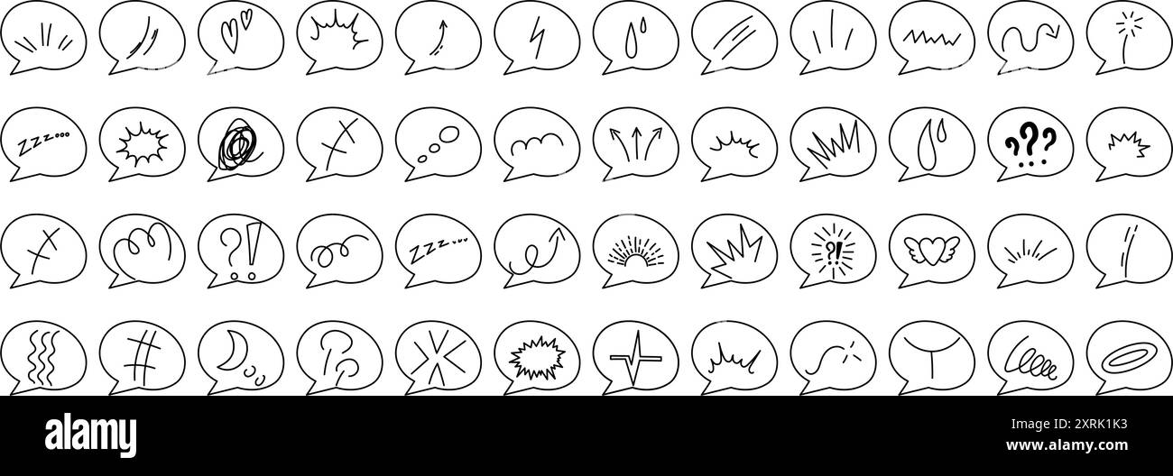 Set von Anime-Emotionseffekten mit Sprachblasen. Manga-Sammlung von Pfeilen, Funkeln, Ausdruckszeichen. Vektorabbildung. Stock Vektor