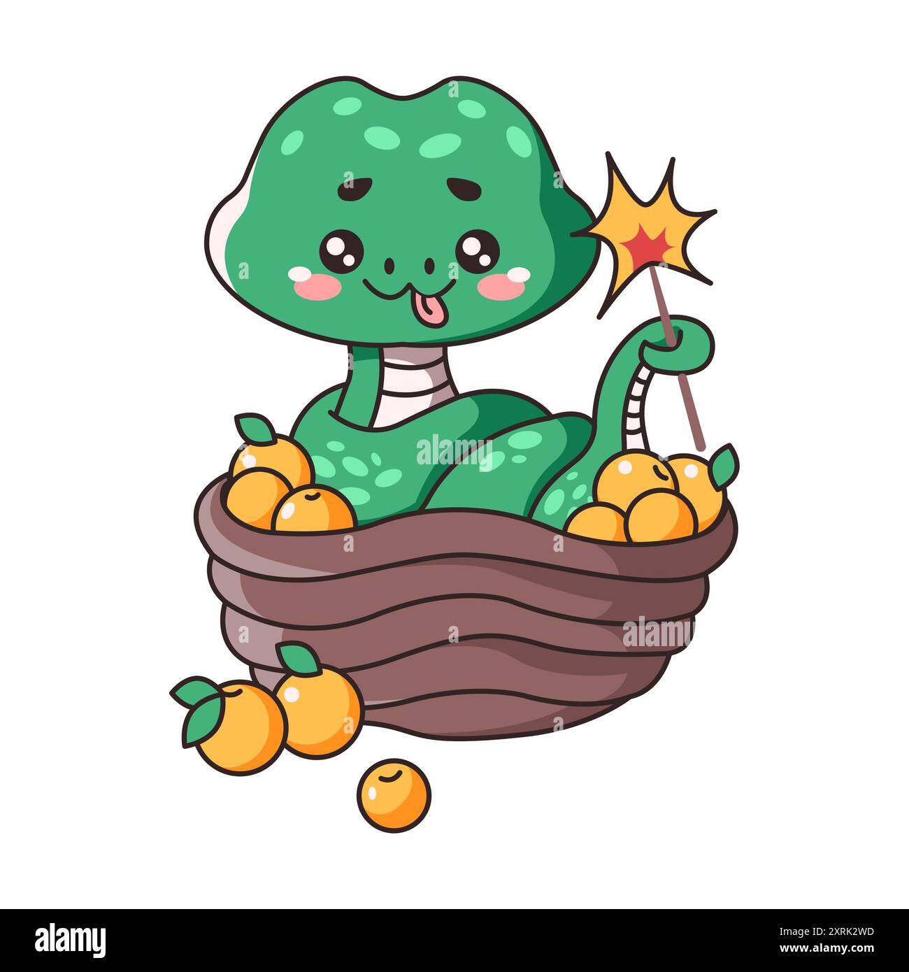 Schlange mit bengalischem Feuer und Korb mit Äpfeln flache Farbvektorbild. Kawaii-Schlangensymbole mit traditionellen Neujahrselementen auf weiß Stock Vektor