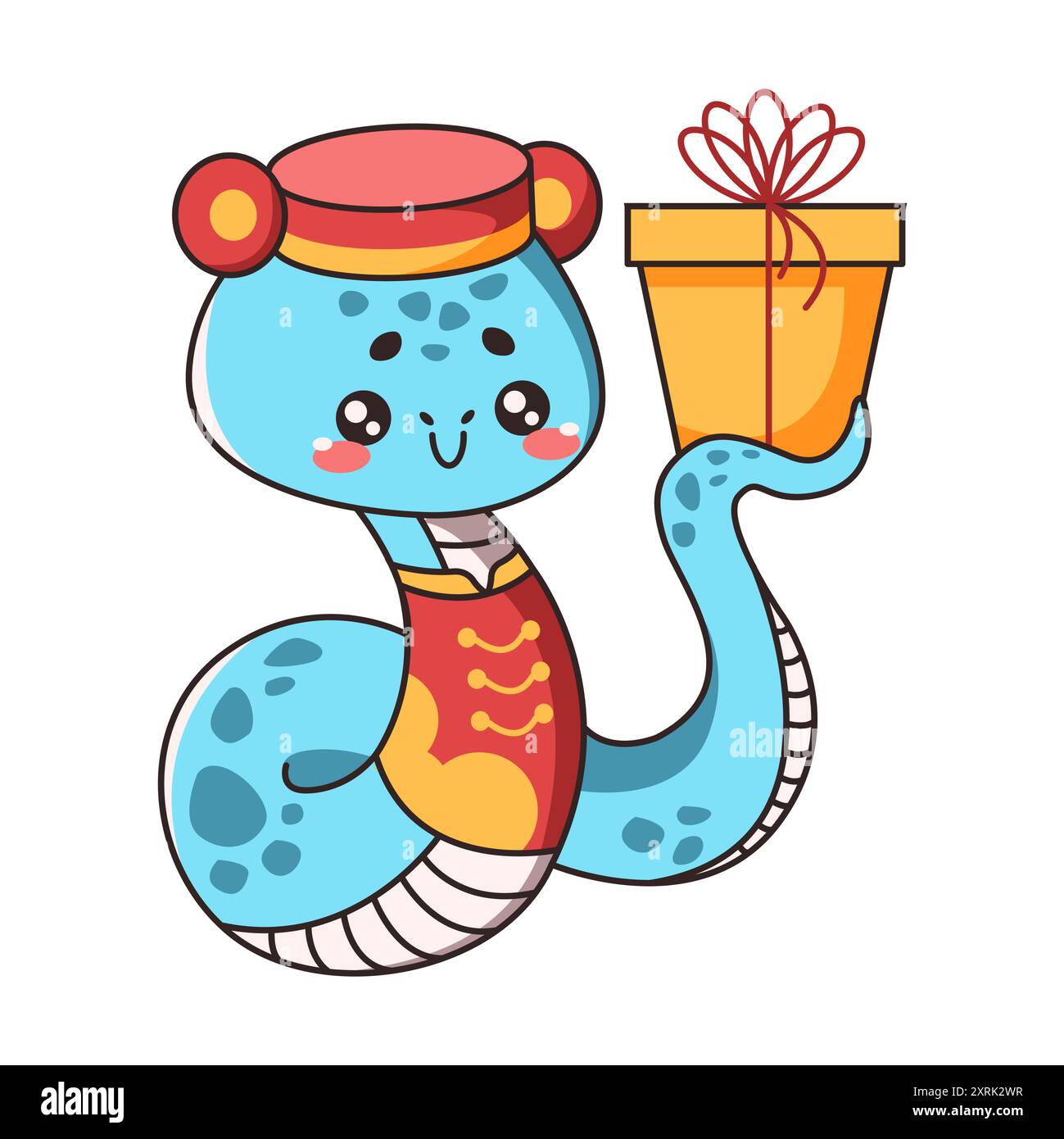 Nette chinesische Schlange mit Geschenk flache Farbe Vektor Stil. Kawaii-Schlange steht für das Silvester-Tiersymbol und verleiht einem festlichen Touch auf weißem Hintergrund Stock Vektor