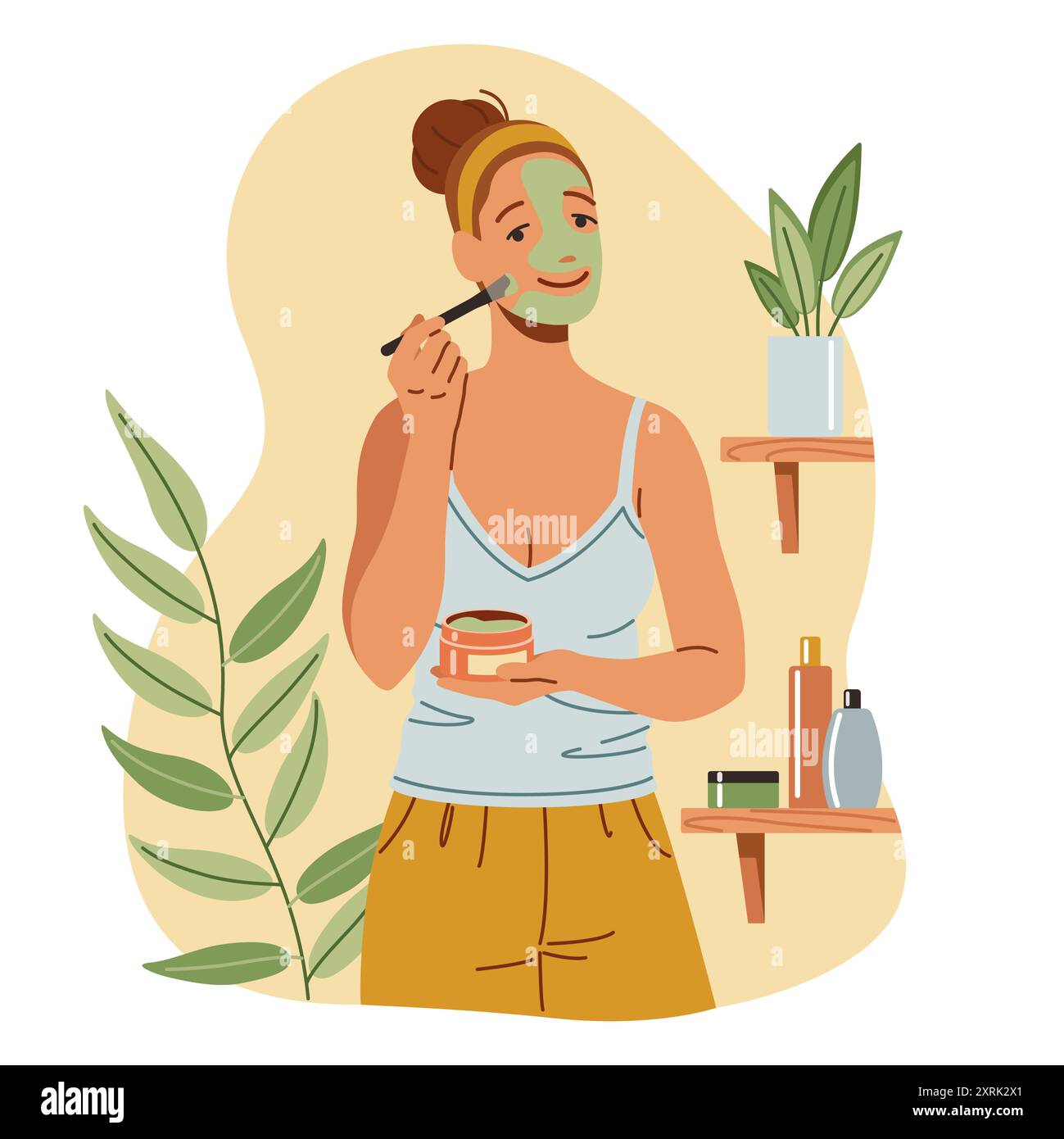 Junge Frau, die Tonmaske auf Gesicht flache Farbe Vektor Illustration anwendet. Dame, die die Haut pflegt, mit dem Cleansing Product Concept Symbol auf weiß Stock Vektor