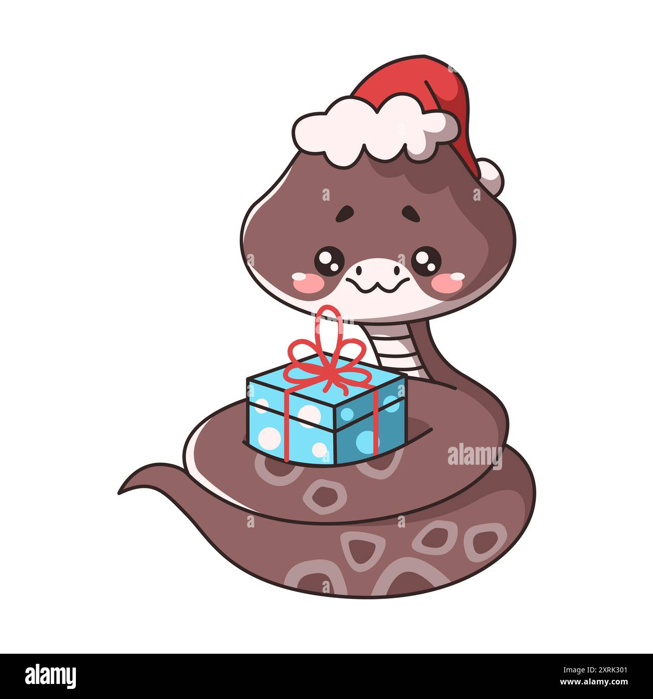 Chinesische Kawaii Schlange trägt Hut, der Geschenk flache Farbe Vektor Stil trägt. Das Design unterstreicht den festlichen und fröhlichen Geist des Neujahrs auf weiß Stock Vektor