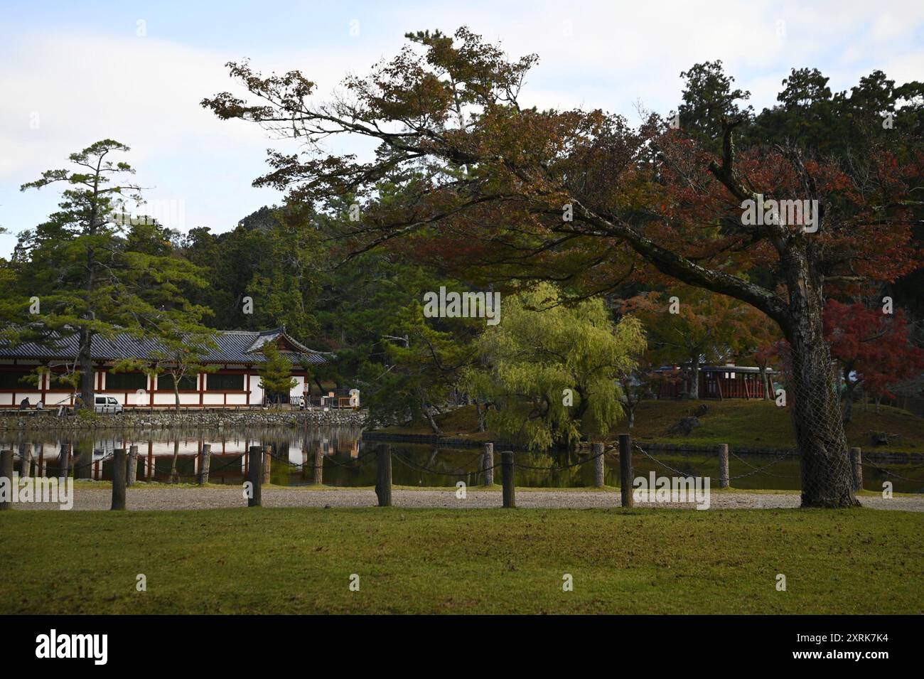 Landschaft mit malerischem Blick auf Higashi Kairo, den östlichen überdachten Korridor des buddhistischen Tempels Tōdai-JI in Nara, Kansai Japan. Stockfoto