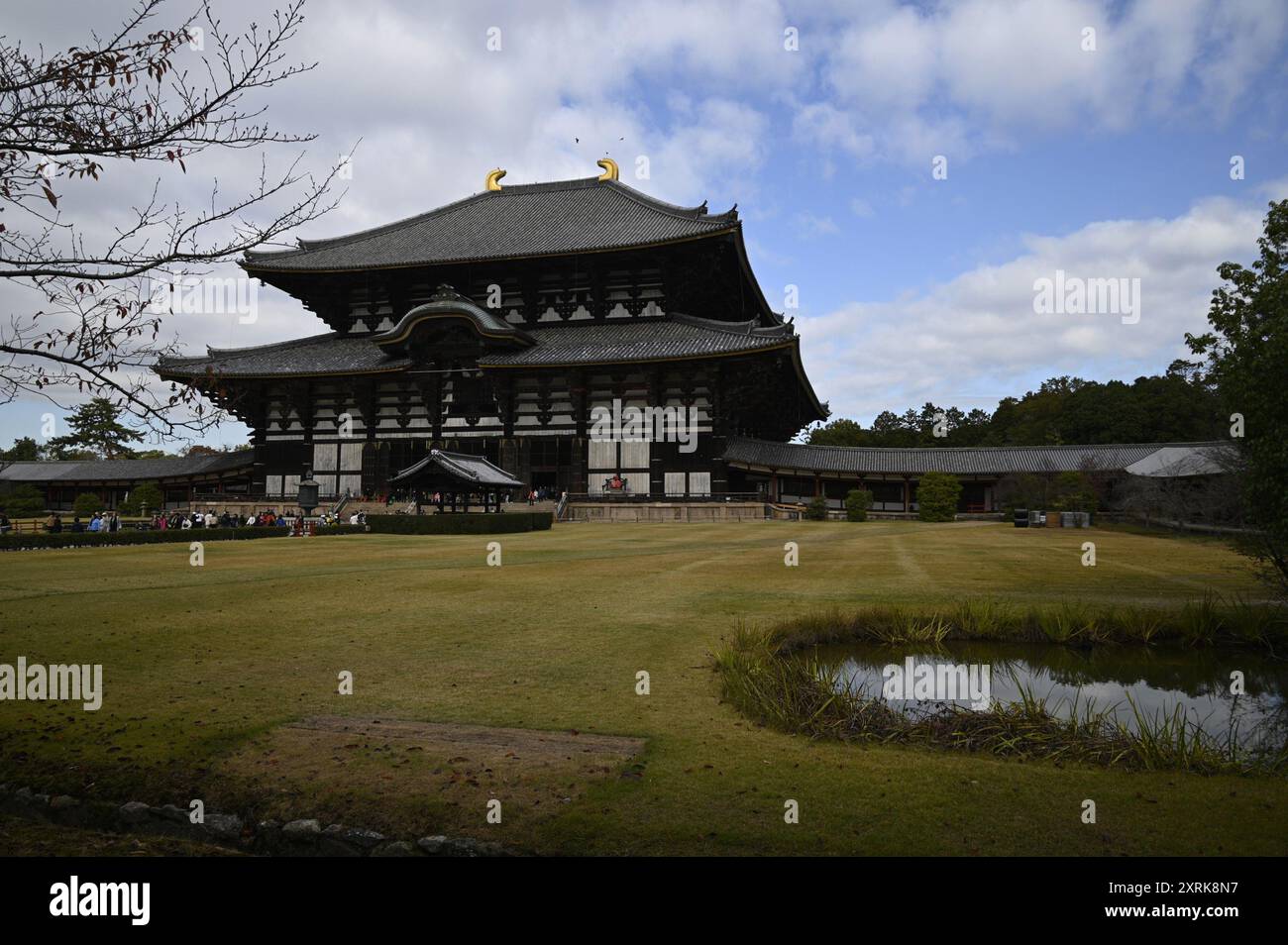 Landschaft mit malerischem Blick auf die große Buddha-Halle, ein japanischer Nationalschatz im Tōdai-JI-Komplex in Nara, Kansai Japan. Stockfoto