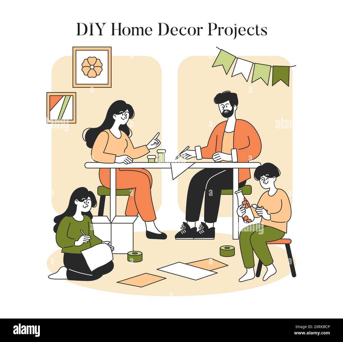 Upcycled Handmade Concept. Eine Gruppe engagiert sich für DIY-Heimdekor-Aktivitäten und bastelt mit Freude und Kreativität. Nachhaltiges Leben und künstlerischer Ausdruck. Vektorabbildung. Stock Vektor