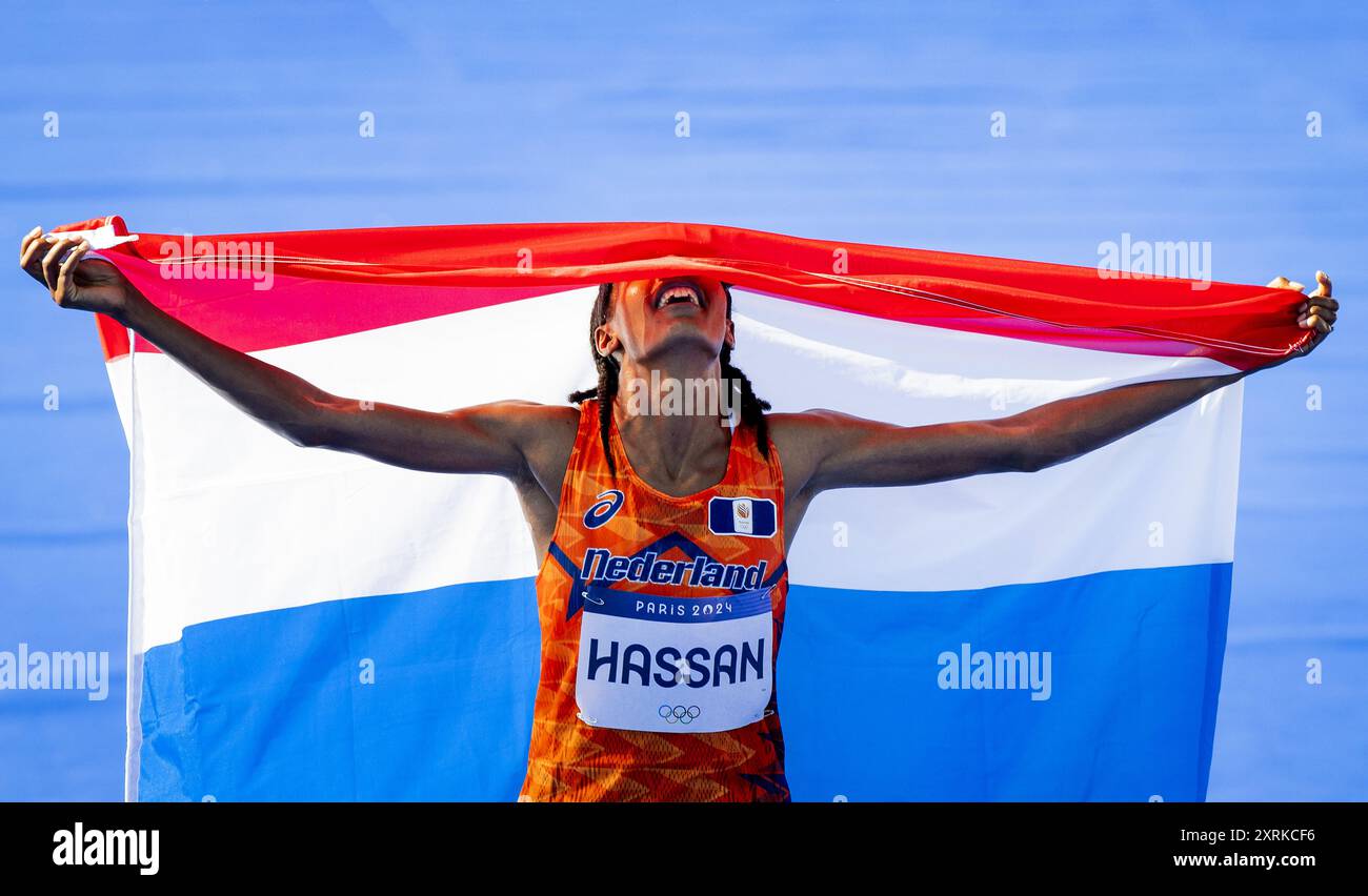 PARIS: Sifan Hassan gewinnt den Frauenmarathon bei den Olympischen Spielen. Der Marathon findet traditionell am letzten Wochenende der Spiele statt. ANP ROBIN VAN LONKHUIJSEN Stockfoto