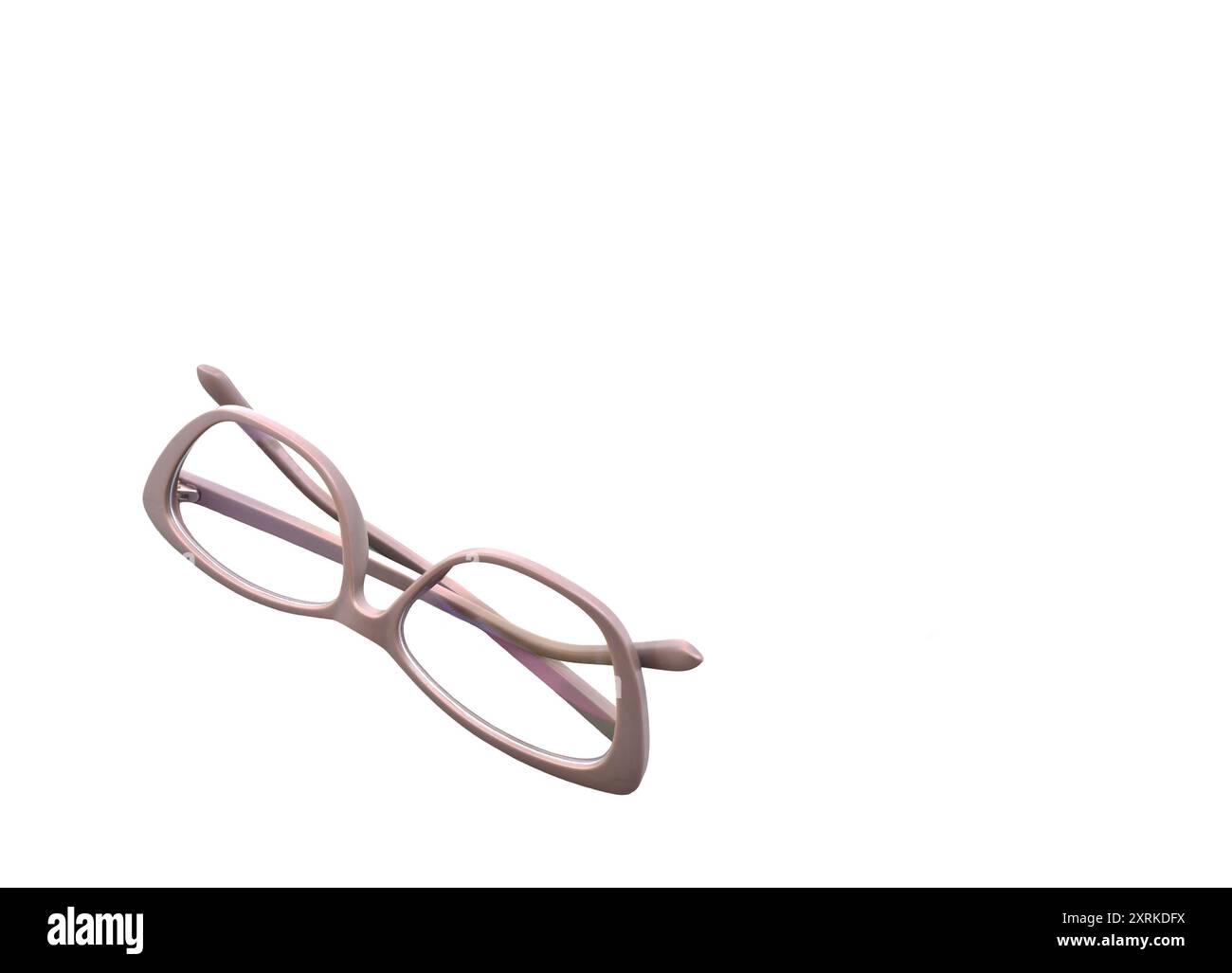 Brille mit einem Gey-Rahmen auf weißem Hintergrund. Leerzeichen nach rechts kopieren. Sehkonzept. Stockfoto