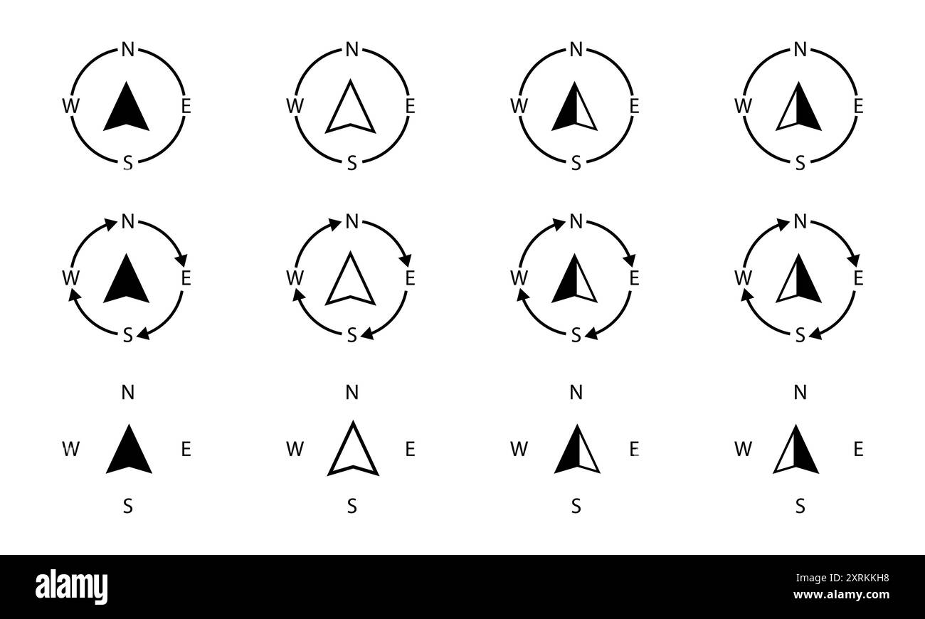 Vektorillustration für Symbolsatz des Kompasses. Symbole für Kompassaufkleber. Stock Vektor
