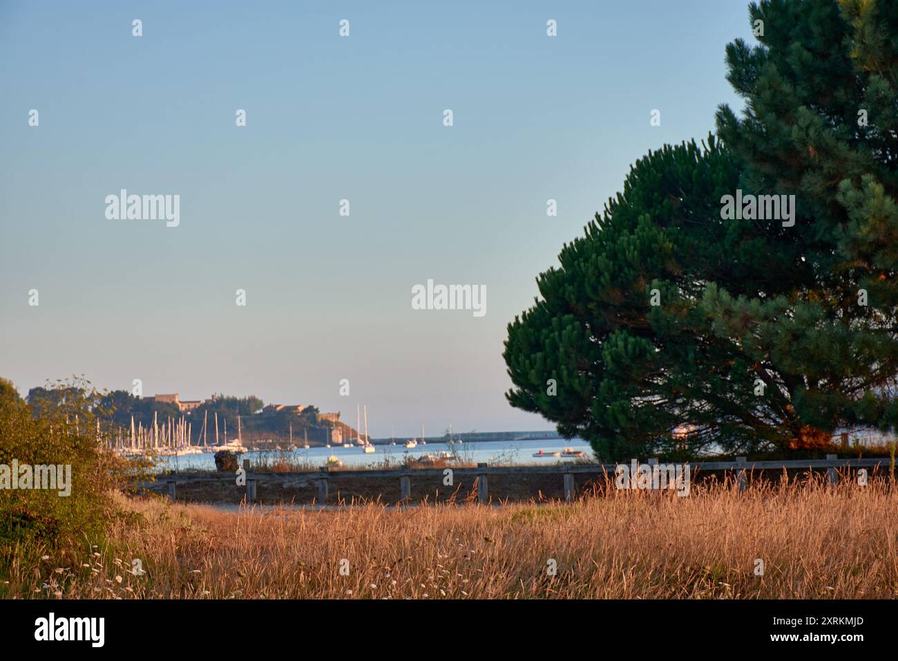 Die atemberaubende Schönheit der Playa de la Ladeira in Baiona bei Sonnenaufgang. Wenn die Sonne aufgeht, taucht ihr goldenes Licht den Sandstrand und das ruhige Wasser und schafft so Stockfoto