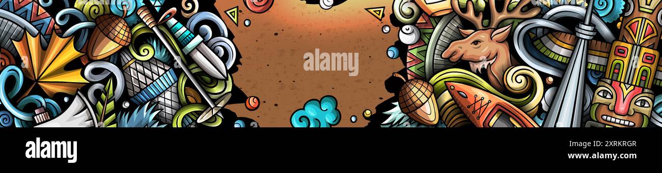 Zeichentrickvektor Doodle Kanada Banner Design Vorlagen. Lustiger kanadischer farbenfroher Hintergrund Stock Vektor